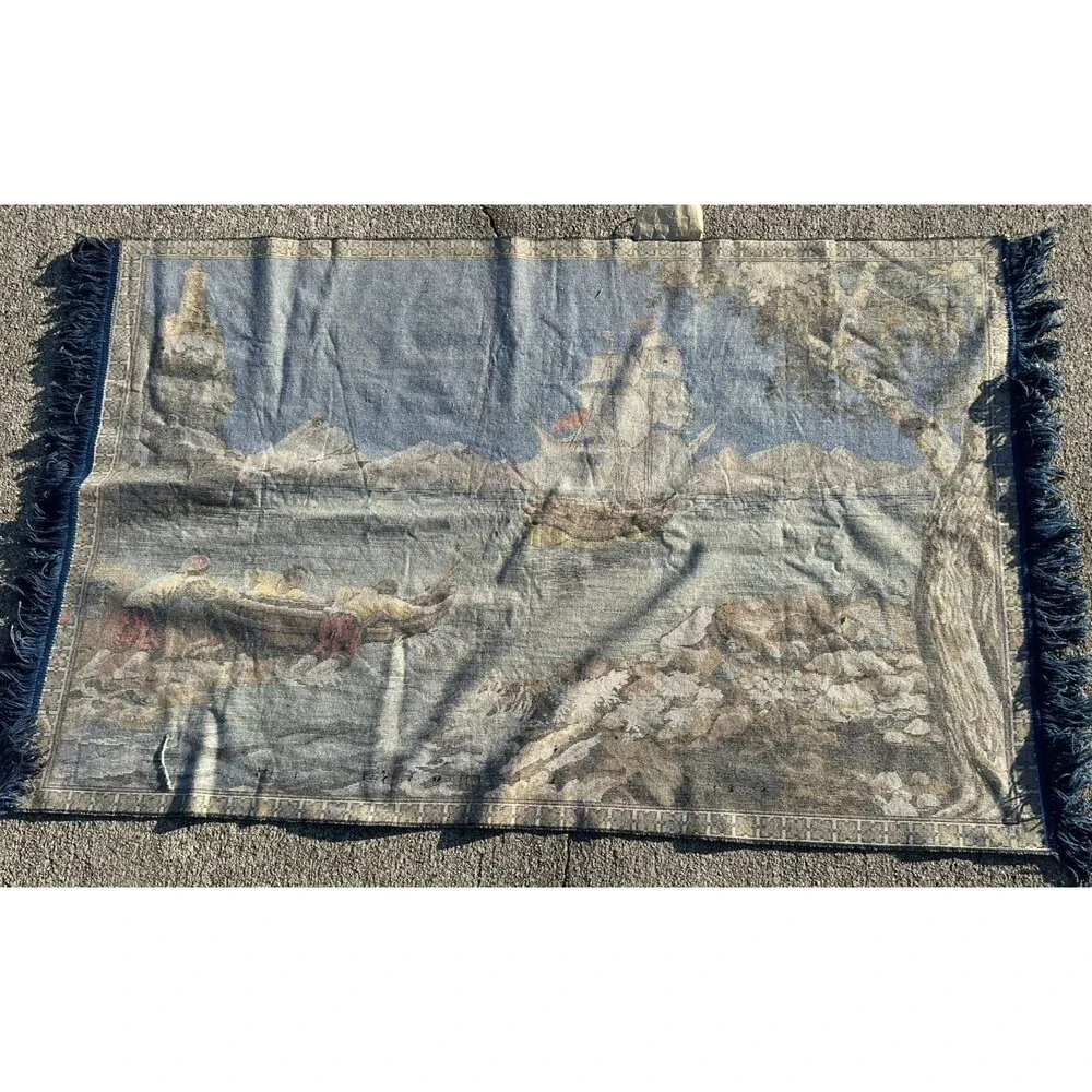 Vintage Italy Velvet Wall Rug Nautical Ship Lighthouse Scene 58x38